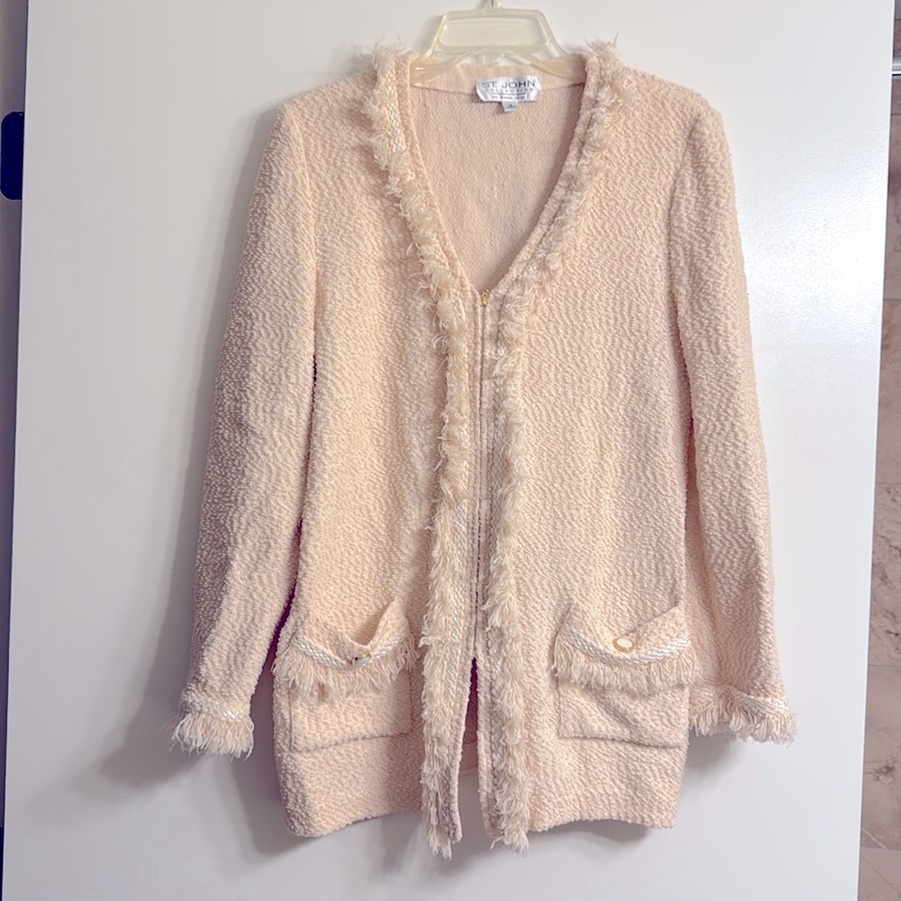 StJohn Jacket Size 14, trimmed with fringe.  Lovely Cream color.